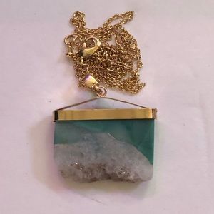 Teal Quartz Crystal Slice Pendant with Chain. NEW